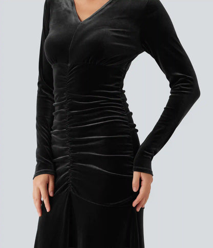 V Neck Long Sleeve Ruched Bodycon Velvet Party Maxi Dress