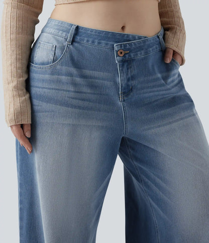 Plus Size Halara Flex™ Asymmetric Low Rise Wide Leg Washed Casual Jeans with Pockets