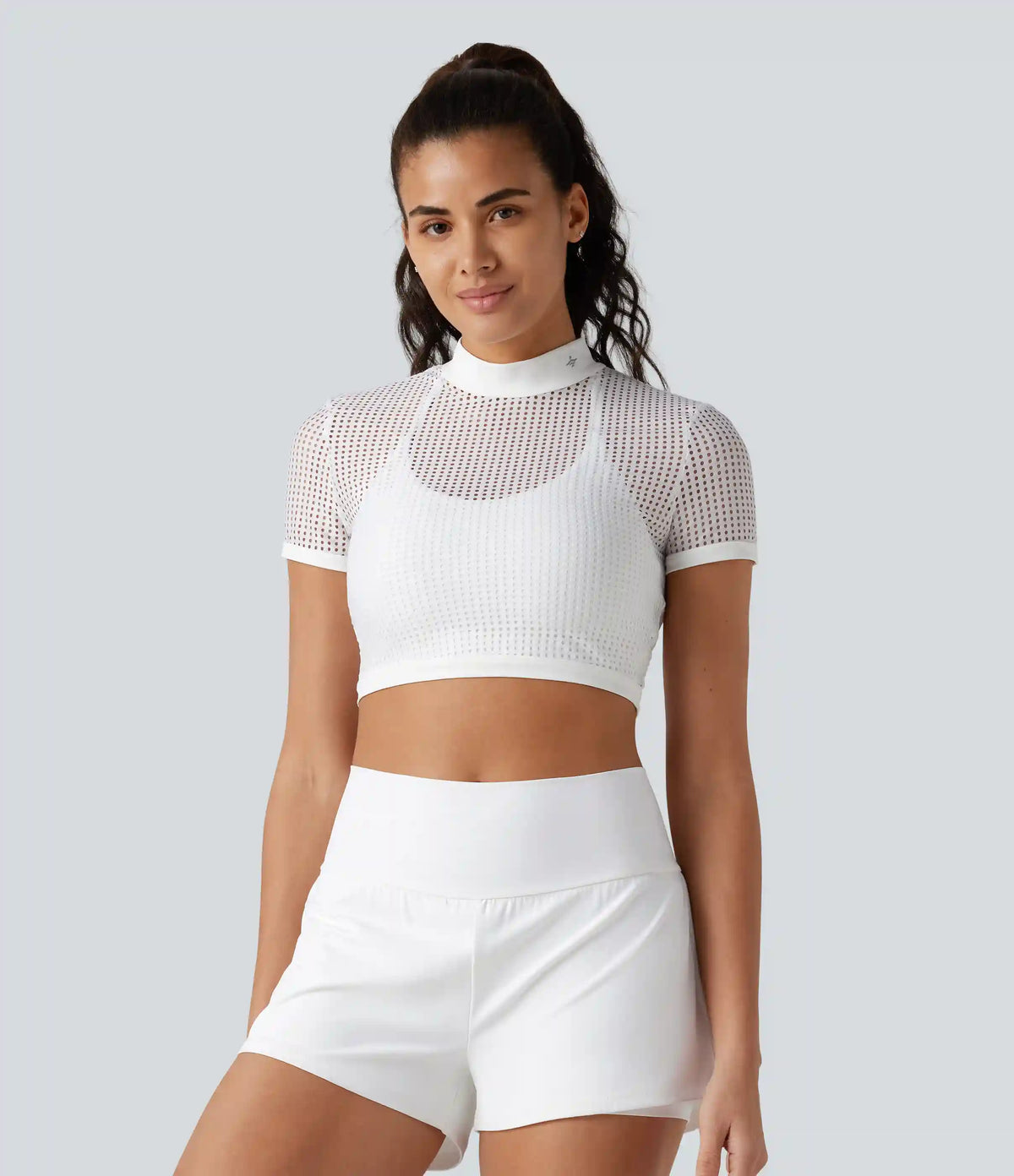 Mock Neck Short Sleeve Eyelet Cropped Running Sports Top-No Sports Bra Included