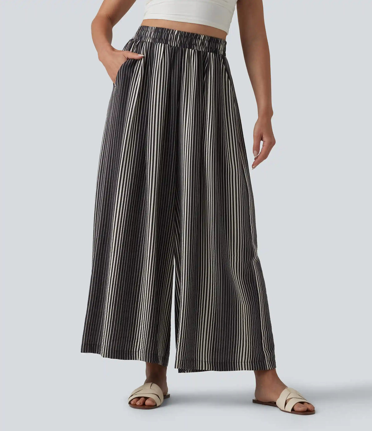 High Waisted Stripes 7/8 Resort Baggy Pants with Pockets