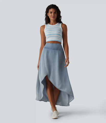 High Waisted Invisible Zipper Asymmetric Hem Midi Draped Lyocell Denim Casual Flowy Skirt with Pockets