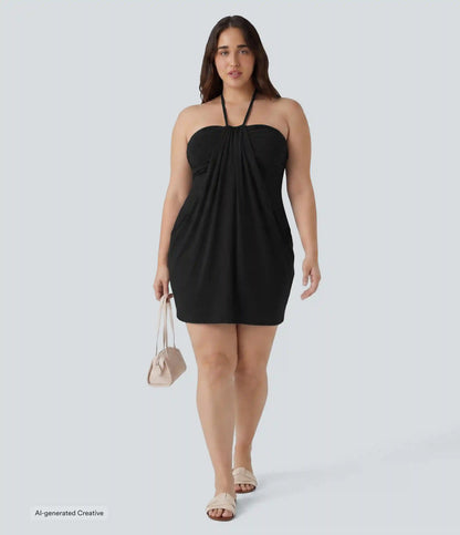 Plus Size Halter Tie Back Mini Resort Dress with Pockets