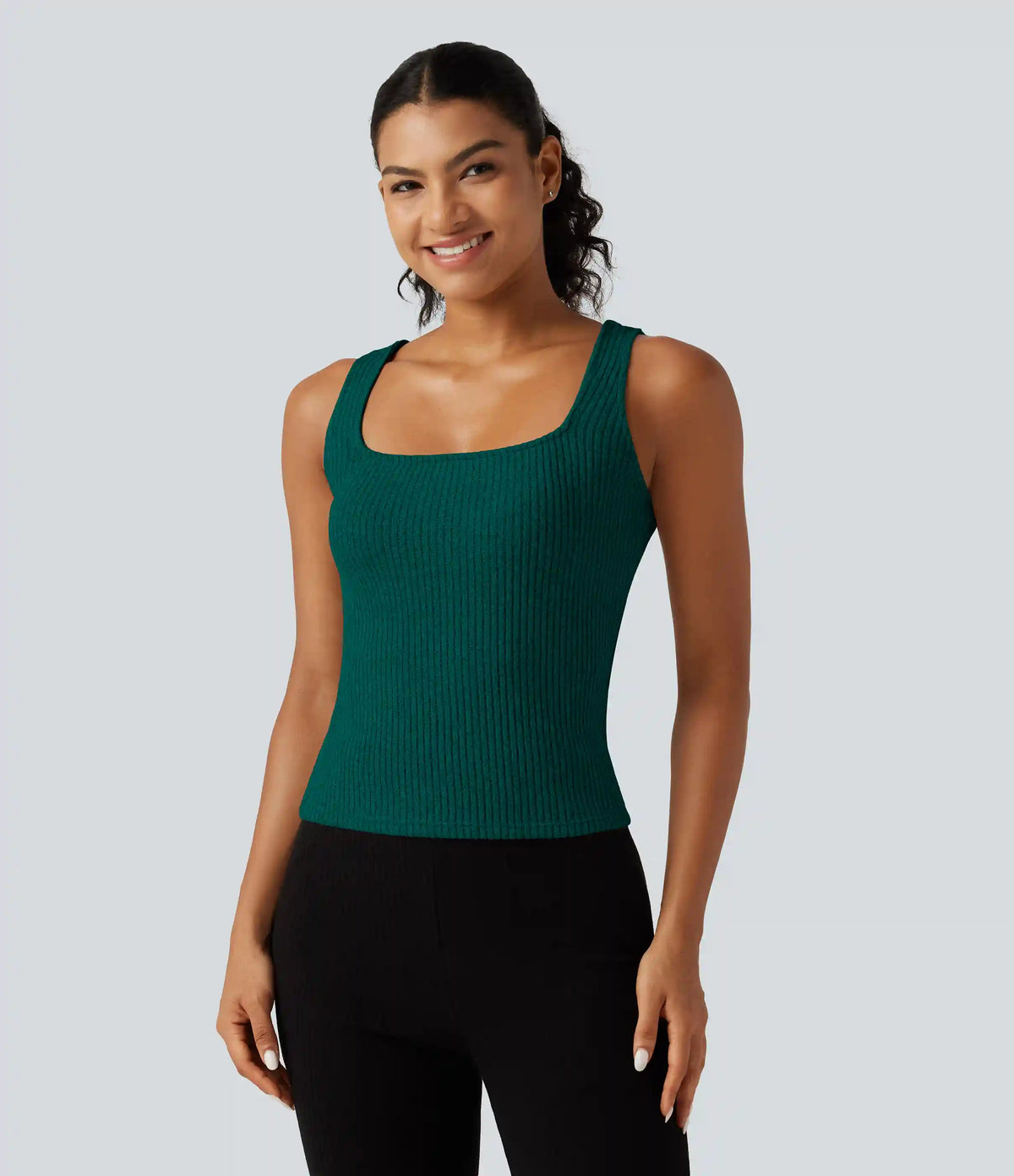 Ribbed Knit Square Neck Casual Tank Top