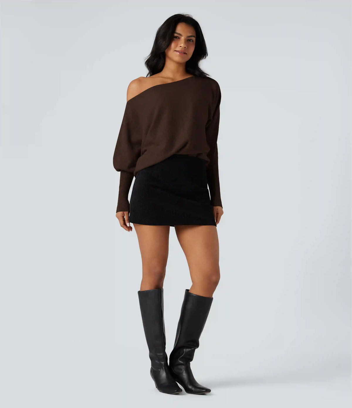 One-shoulder Batwing Sleeve Curved Hem Work Sweater