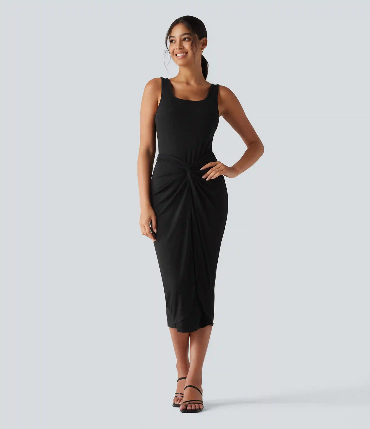 Ribbed Knit U Neck Sleeveless Heathered Bodycon Midi Casual Dress