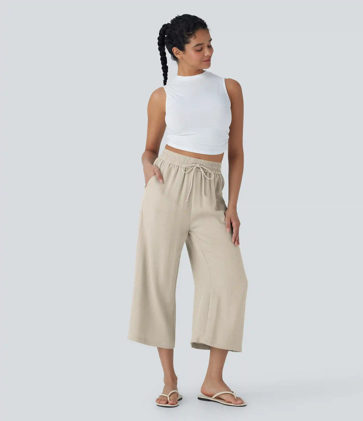 High Waisted Drawstring Wide Leg Cropped Casual Linen-Feel Pants with Pockets
