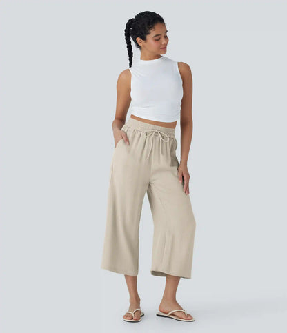 High Waisted Drawstring Wide Leg Cropped Casual Linen-Feel Pants with Pockets