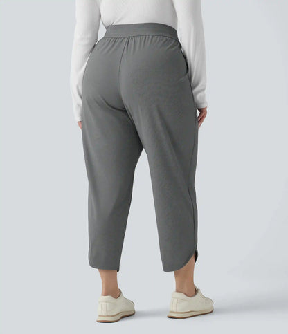 Plus Size Mid Rise Drawstring Curved Hem Quick Dry Golf Tapered Pants with Pockets-UPF40+