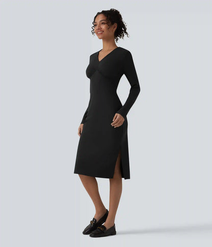V-Neck Long Sleeve Ruched Split Midi Work Dress
