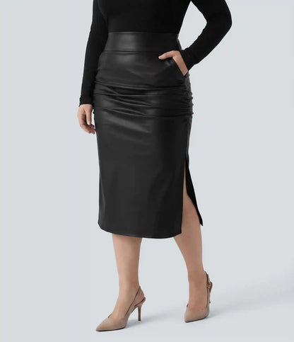 Plus Size High Waisted Tummy Control Ruched Curved Hem 2-in-1 Fleece PU Leather Midi Casual Skirt