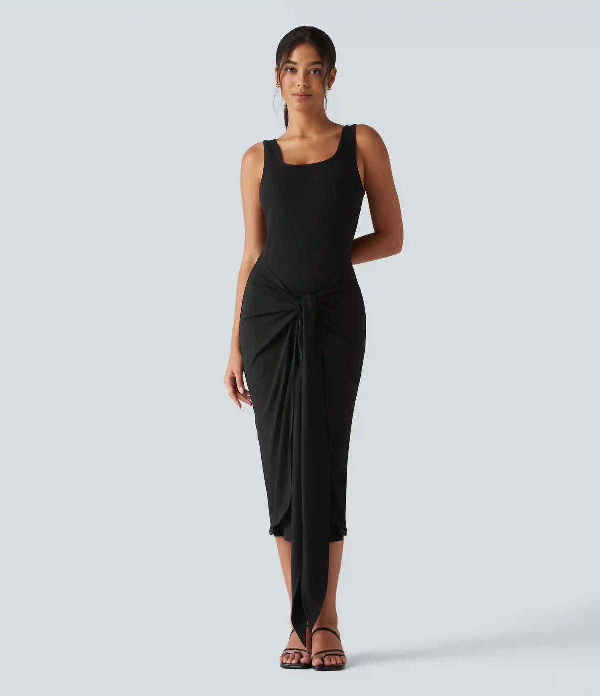 Ribbed Knit U Neck Sleeveless Heathered Bodycon Midi Casual Dress