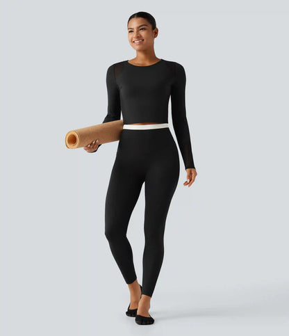 Round Neck Long Sleeve Contrast Mesh InstantCool Quick Dry Yoga Sports Top