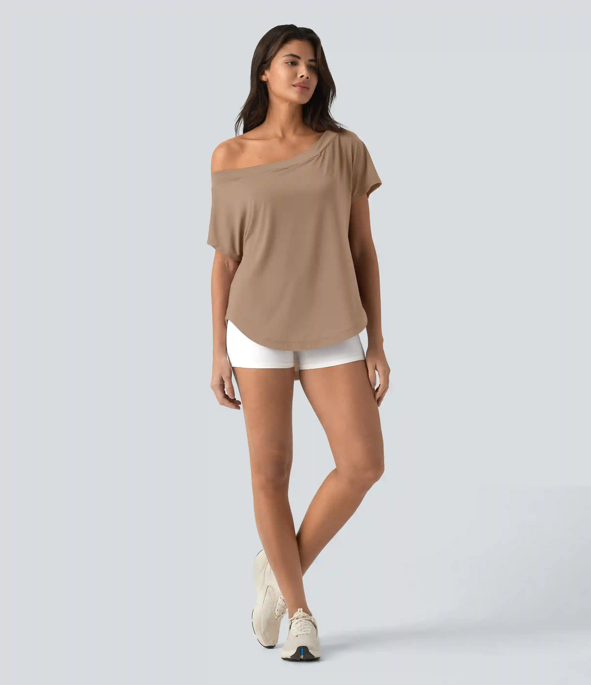 One Shoulder Short Sleeve Curved Hem High Low Quick Dry Yoga Sports Top-Built-in Bra