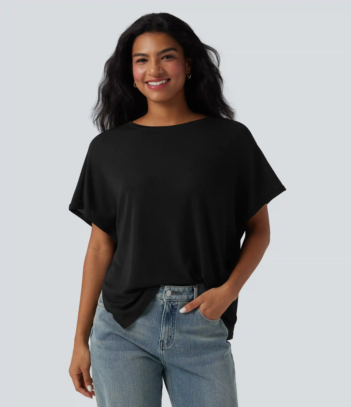 Round Neck Batwing Sleeve Relaxed Casual T-Shirt