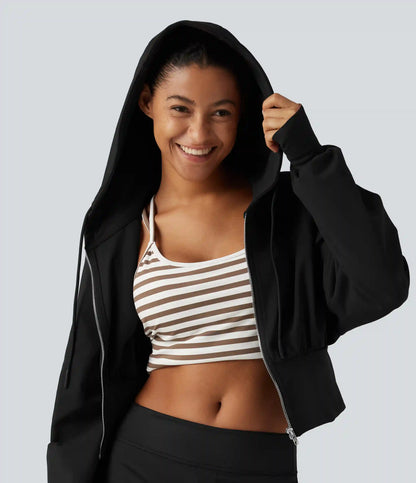 Hooded Raglan Sleeve Cropped Yoga Jacket with Hidden Pocket and Thumb Holes