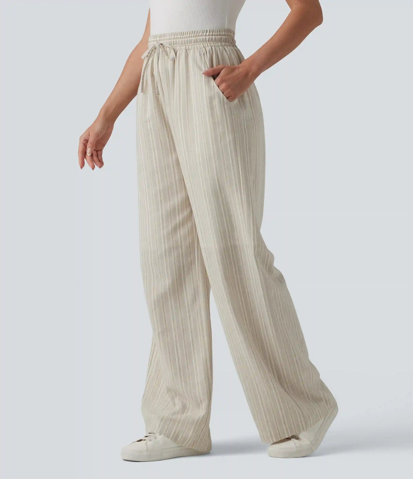 High Waisted Drawstring Stripes Linen Work Baggy Pants with Pockets