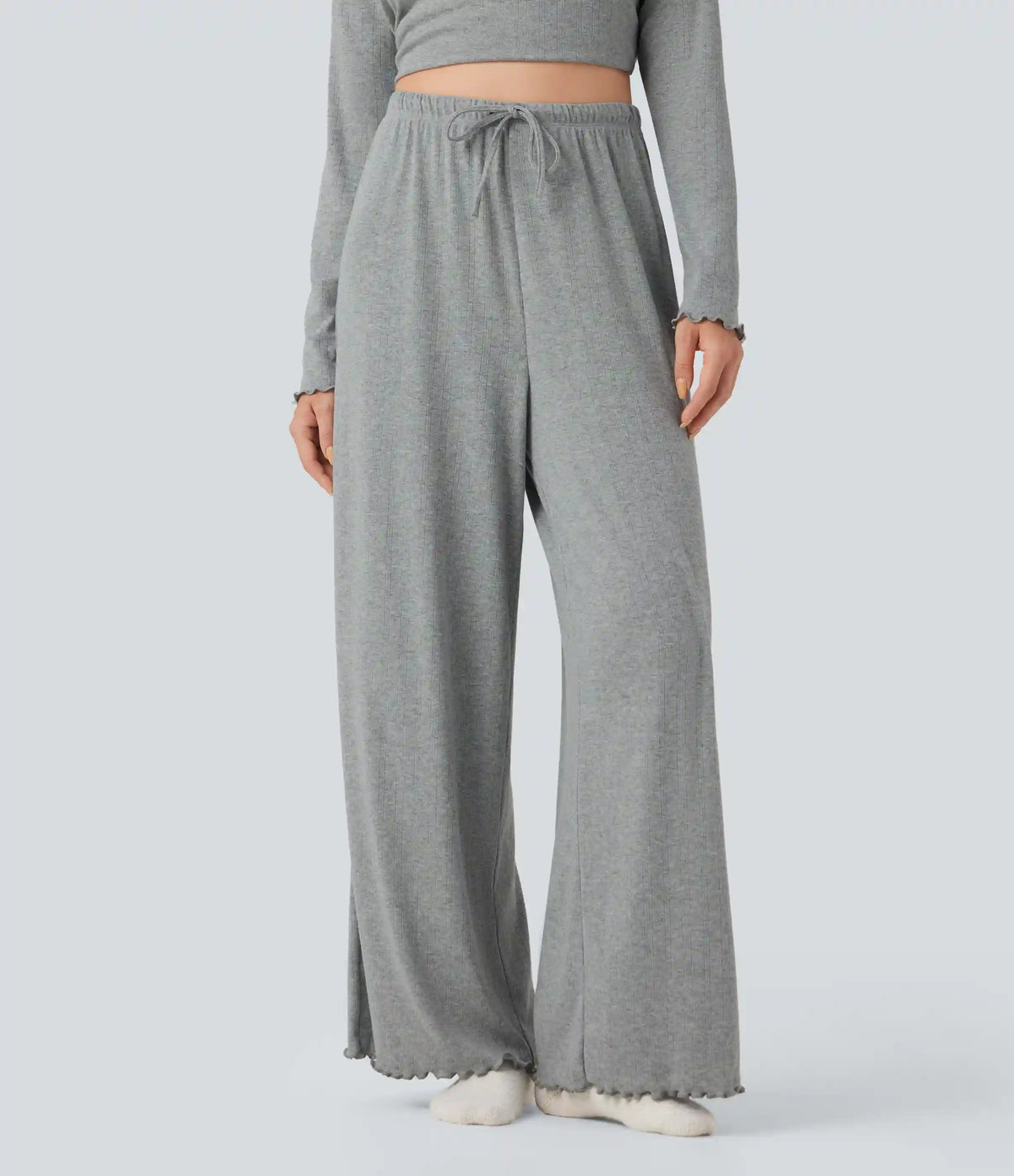 Ribbed Knit Pointelle High Waisted Drawstring Lettuce Trim Straight Leg Lounge Pants