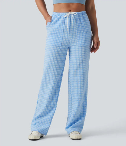 Mid Rise Drawstring Straight Leg Gingham Casual Pants with Pockets
