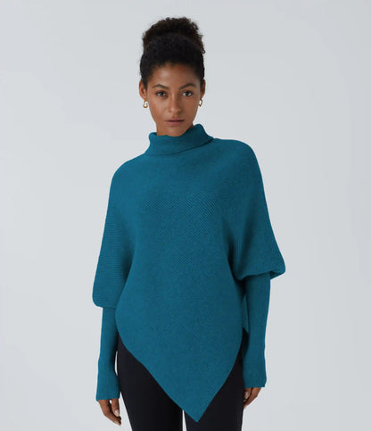 High Neck Long Sleeve Asymmetric Hem Work Sweater