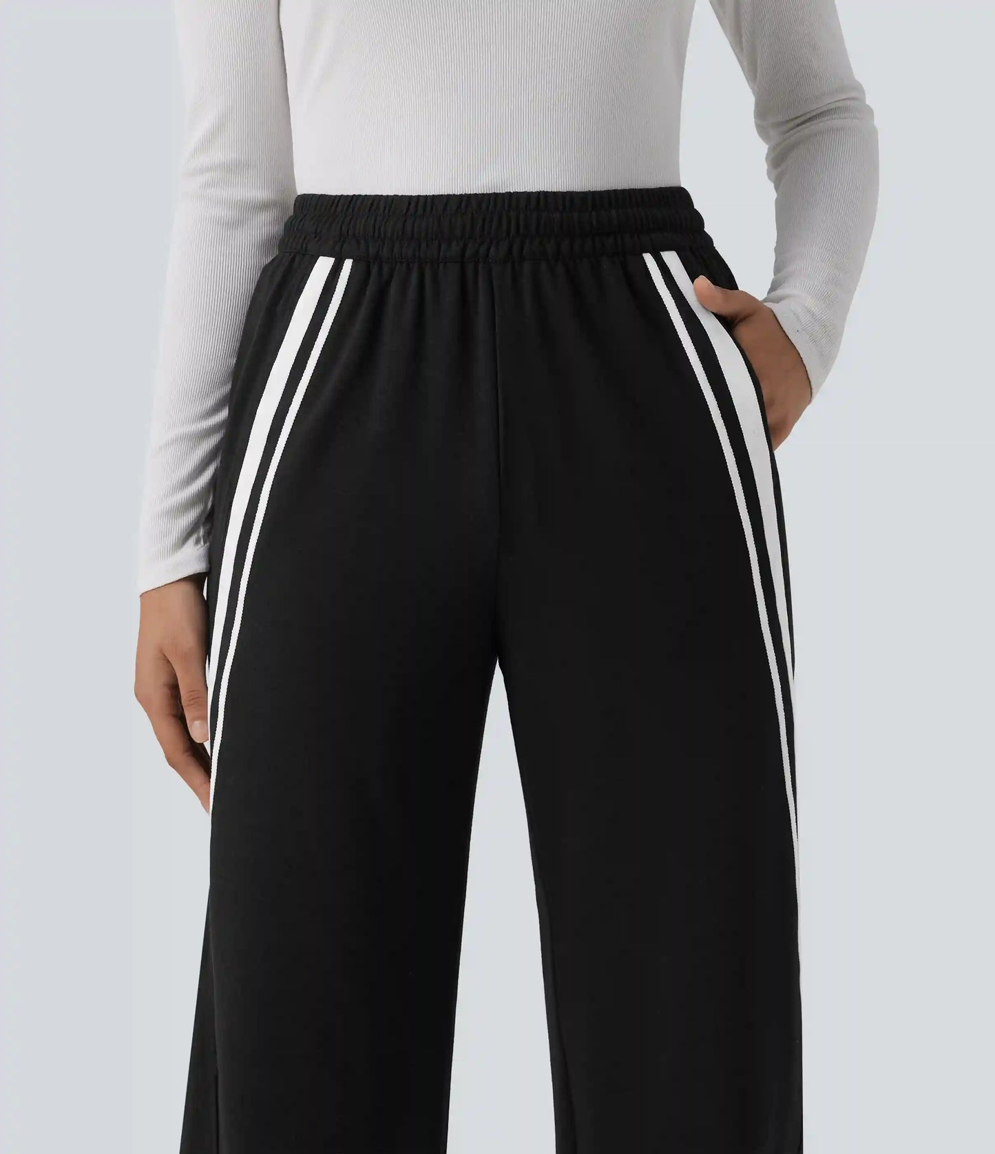 Mid Rise Inner Drawstring Wide Leg Color Block Casual Sweatpants with Pockets