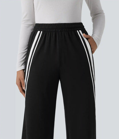 Mid Rise Inner Drawstring Wide Leg Color Block Casual Sweatpants with Pockets