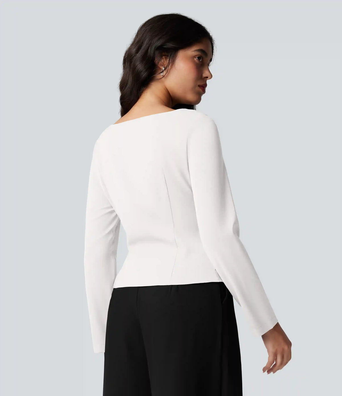 Wrinkle Recovery Boat Neck Long Sleeve Ruched Tie Work Blouse