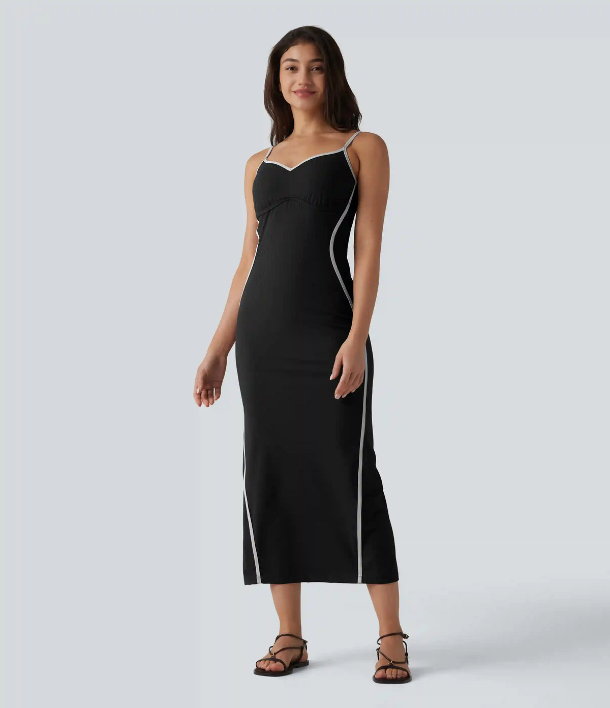 Ribbed Sweetheart Neck Non-Removable Pad Color Block Midi Casual Slip Dress