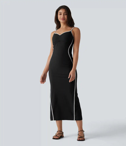 Ribbed Sweetheart Neck Non-Removable Pad Color Block Midi Casual Slip Dress