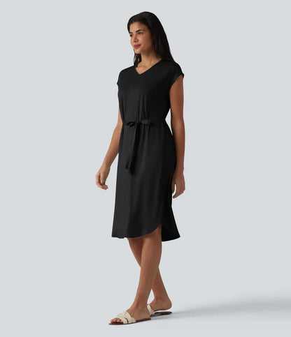 V-neck Short Sleeve Belted Curved Hem Casual T-Shirt Dress