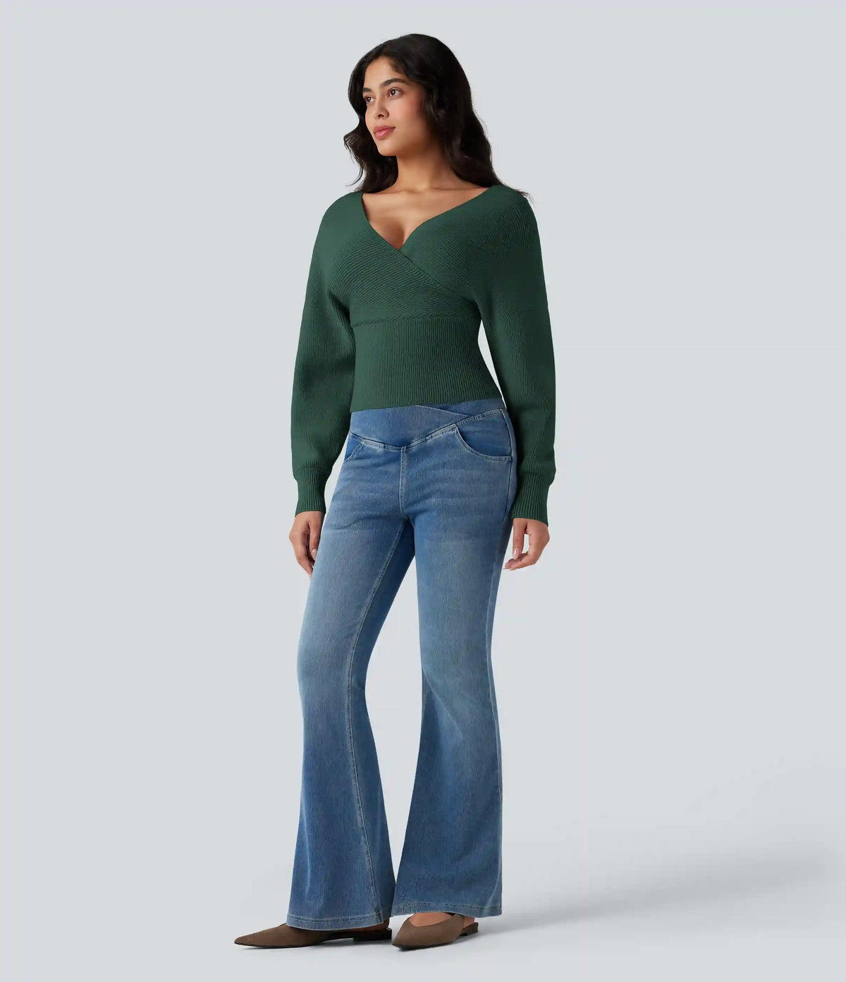 V-neck Batwing Long Sleeve Cut-out Casual Sweater