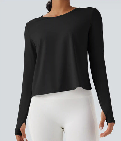 Long Sleeve Thumb Hole Crossover Curved Hem Yoga Sports Top