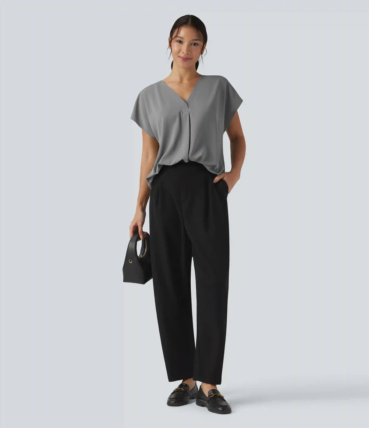 Wrinkle Recovery V-neck Short Sleeve Oversized Work Blouse