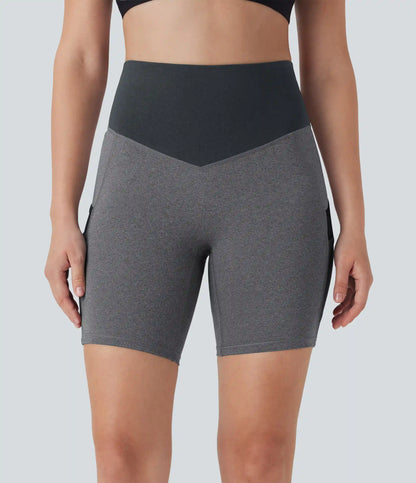 High Waisted Color Block Contrast Mesh Quick Dry Yoga Biker Shorts 7'' with Pockets