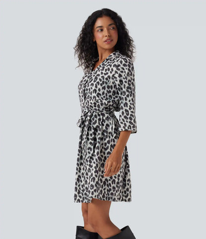 Roll Up Sleeve Belted Leopard Print Casual Shirt Dress with Pockets