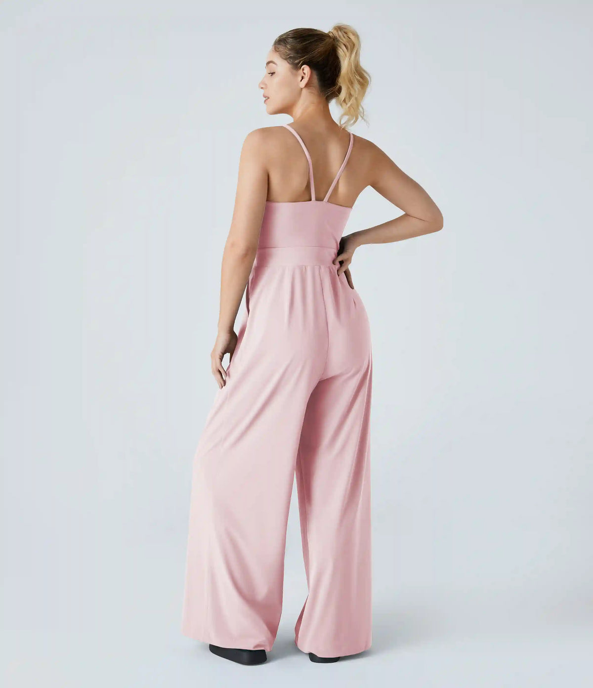 V-Neck Backless Invisible Zipper 2-in-1 Casual Slip Baggy Jumpsuit with Pockets