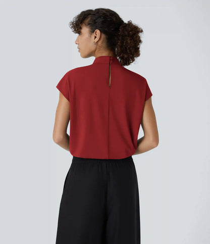 Stand Collar Back Cap Sleeve Work Blouse
