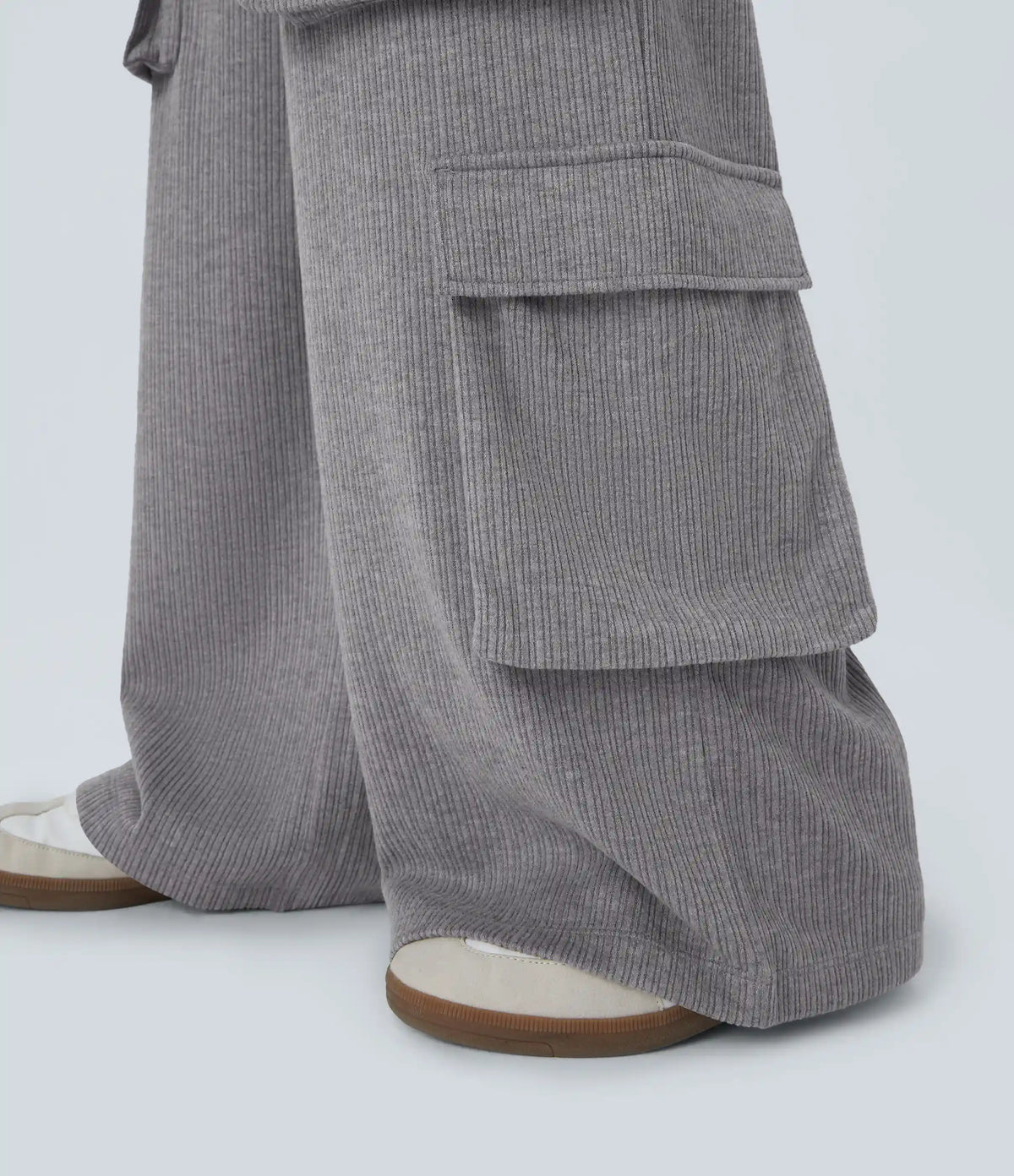 Ribbed Mid Rise Drawstring Pockets Wide Leg Cargo Casual Pants