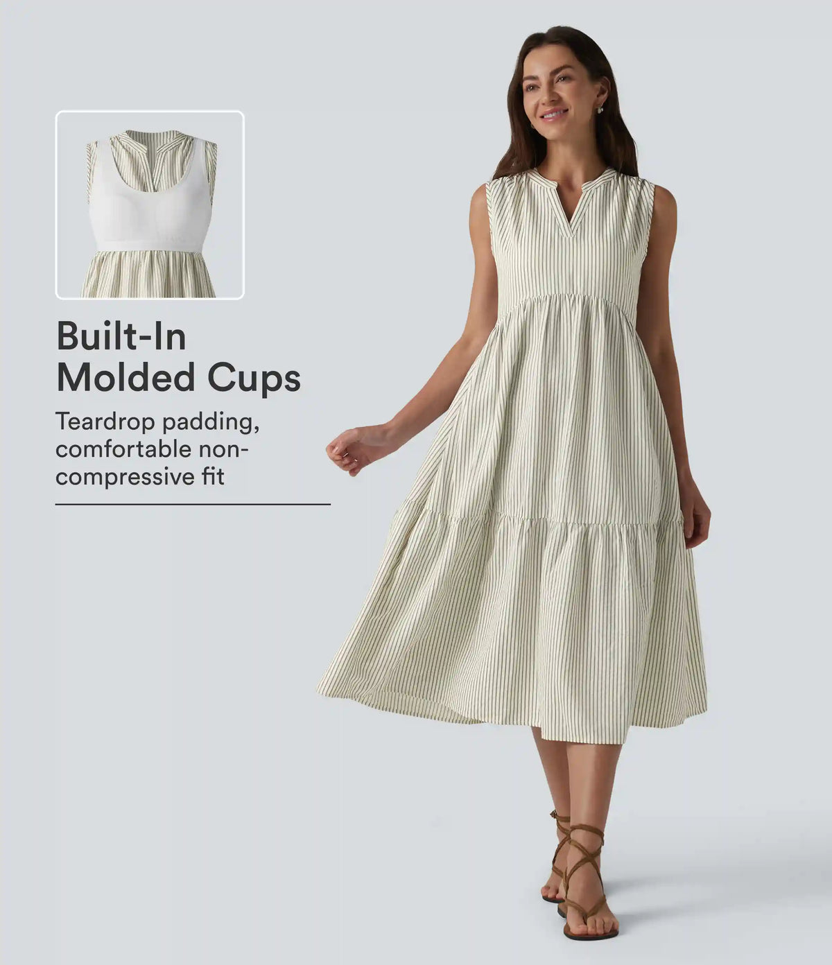 V Neck Built-in Bra Sleeveless Stripe Midi Dress