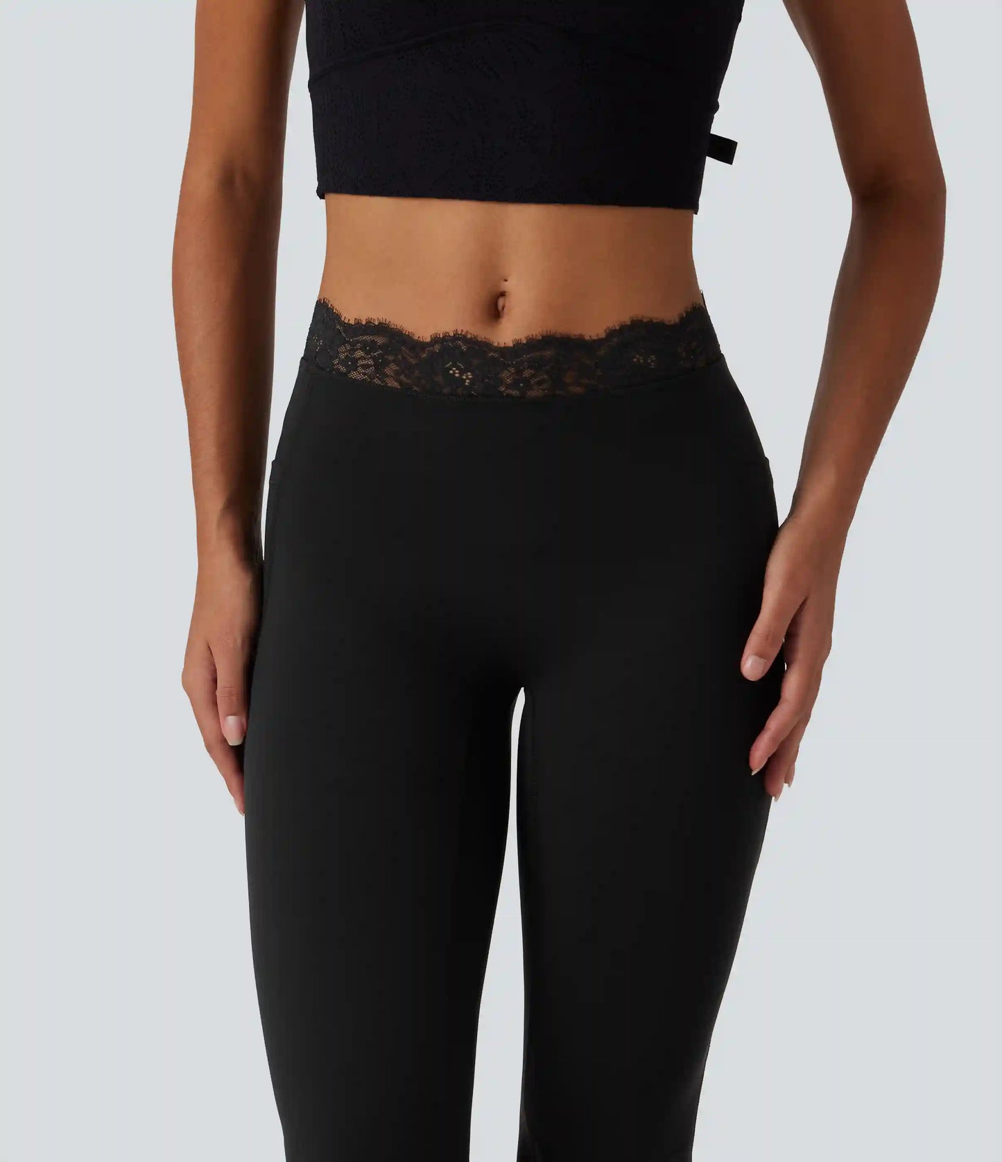 Halara UltraSculpt™ Mid Rise Contrast Lace Ruched Flare Yoga Leggings with Pockets