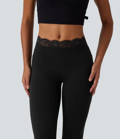 Halara UltraSculpt™ Mid Rise Contrast Lace Ruched Flare Yoga Leggings with Pockets