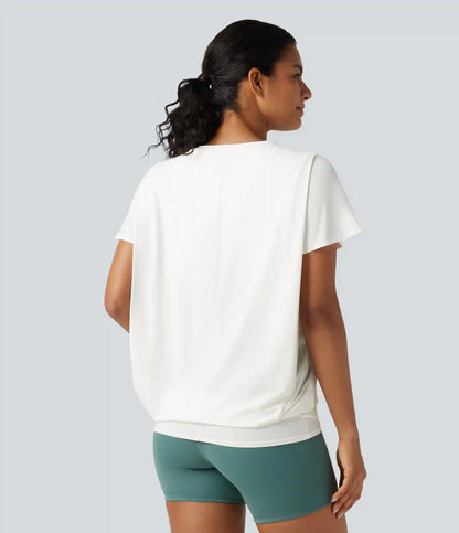 Round Neck Short Sleeve Ruched InstantCool Yoga Sports Top-Longer Length-UPF50+