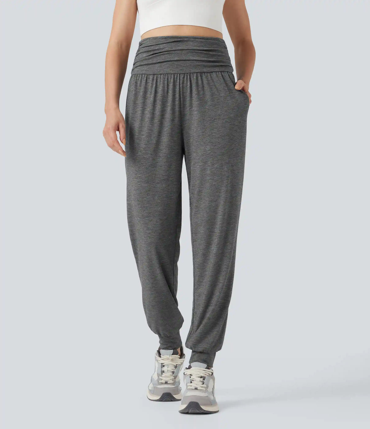 High Waisted Ruched Heathered Yoga Joggers with Pockets