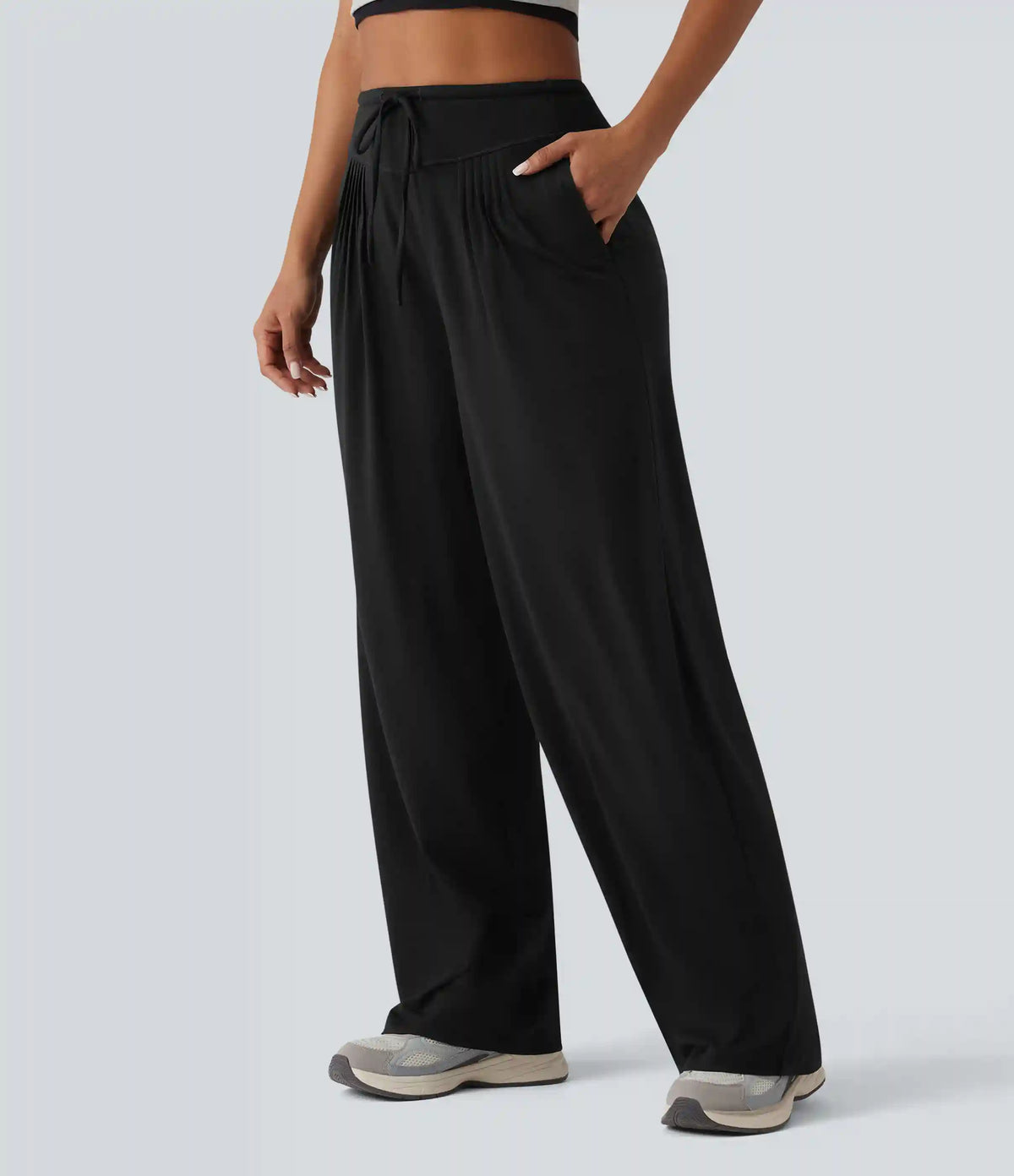 High Waisted Drawstring Pleated Heathered Casual Baggy Pants with Pockets