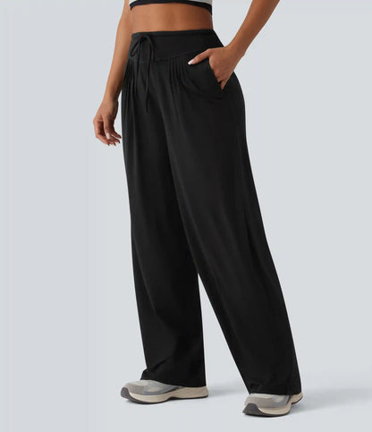 High Waisted Drawstring Pleated Heathered Casual Baggy Pants with Pockets