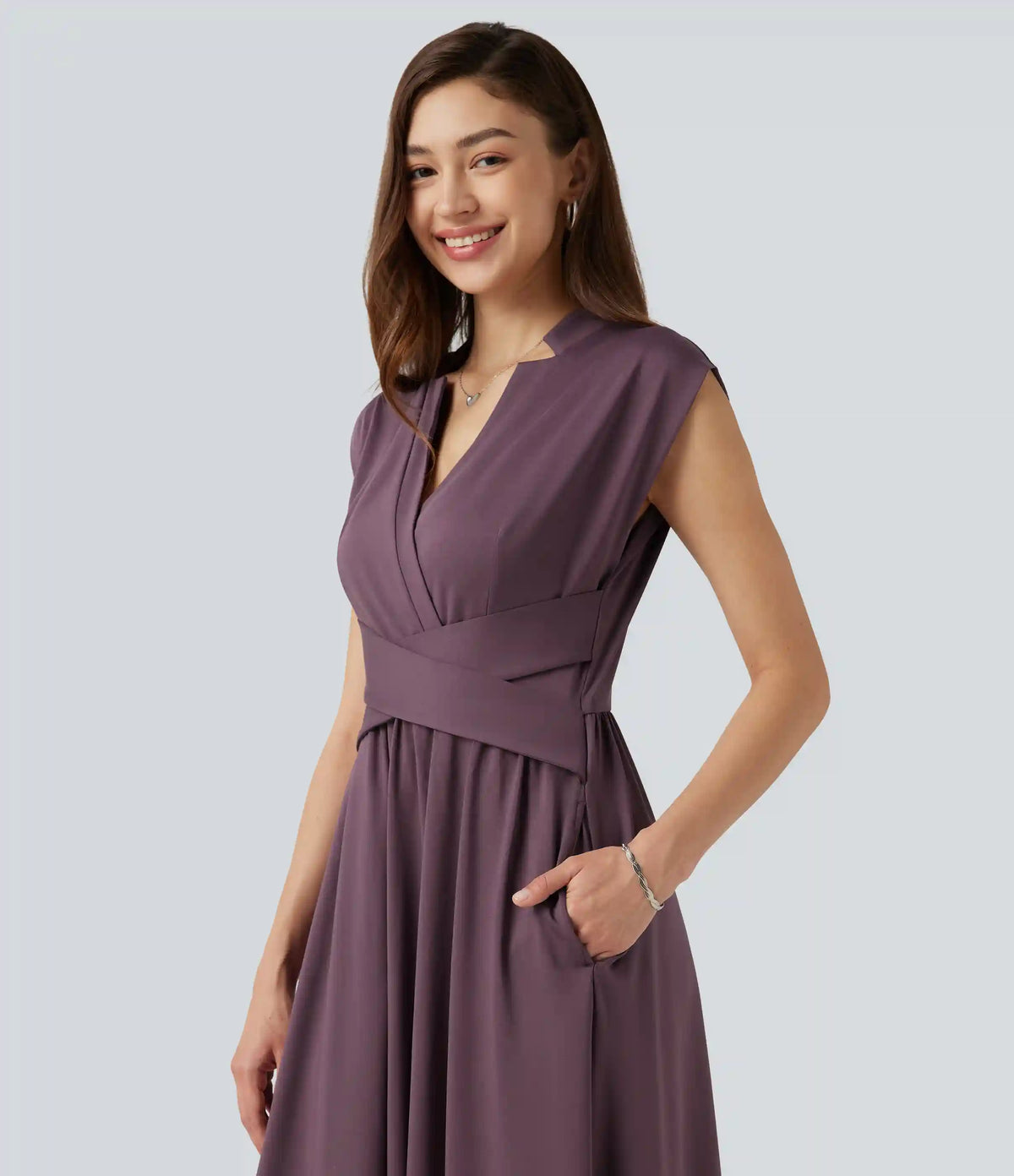 V Neck Sleeveless Flowy Midi Work Dress with Pockets