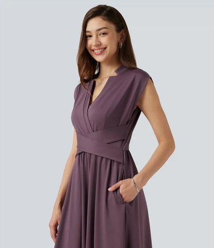 V Neck Sleeveless Flowy Midi Work Dress with Pockets