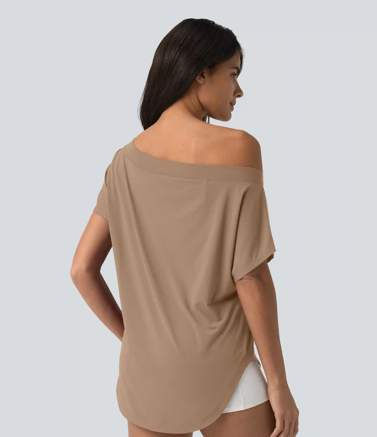 One Shoulder Short Sleeve Curved Hem High Low Quick Dry Yoga Sports Top-Built-in Bra