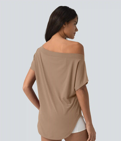 One Shoulder Short Sleeve Curved Hem High Low Quick Dry Yoga Sports Top-Built-in Bra