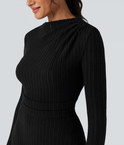 Ribbed Knit Long Sleeve Midi Casual Dress with Pockets