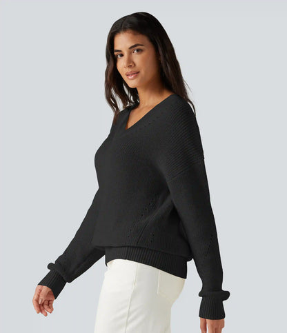 V Neck Dropped Shoulder Long Sleeve Cut Out Casual Sweater